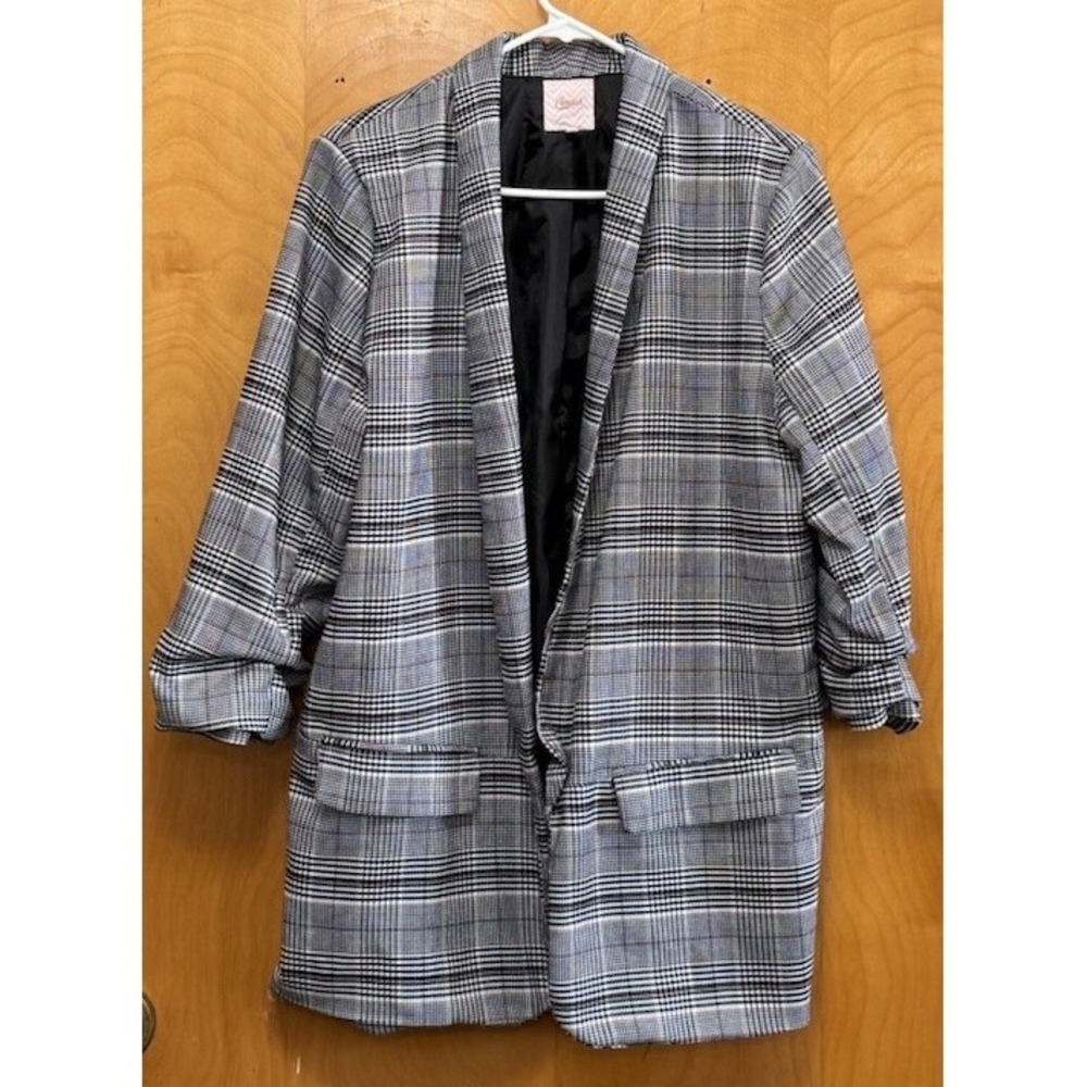 Candies Womens‎ Houndstooth Long Line Open Blazer 3/4 Cinch Sleeve Lined Sz XL